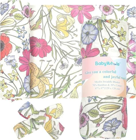 Baby Muslin Swaddle Blankets for Boys & Girls, Newborn Swaddle Set with Matching Headband Bow, 47 x 47 inches, Neutral Infant Blanket Wrap, Wildflower Pattern, 70% Viscose from Bamboo and 30% Cotton in Saudi Arabia