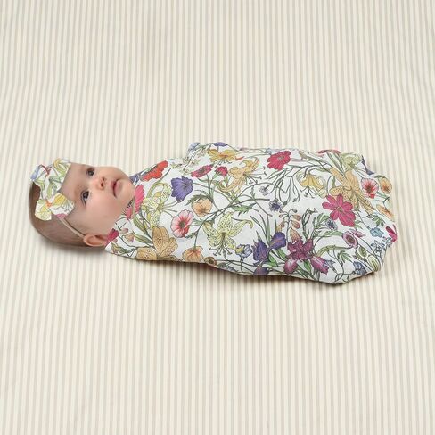 Baby Muslin Swaddle Blankets for Boys & Girls, Newborn Swaddle Set with Matching Headband Bow, 47 x 47 inches, Neutral Infant Blanket Wrap, Wildflower Pattern, 70% Viscose from Bamboo and 30% Cotton in Saudi Arabia