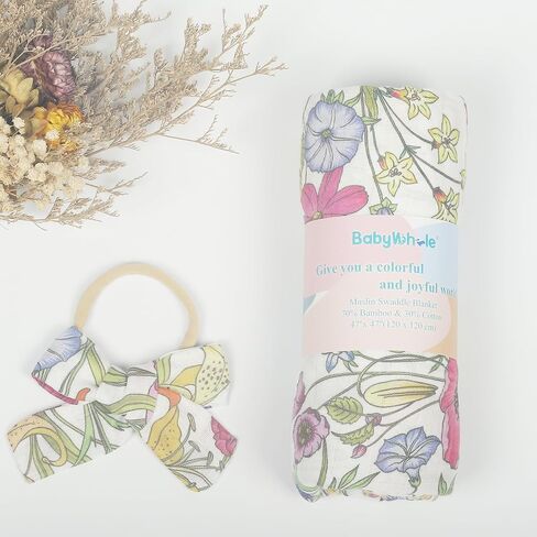 Baby Muslin Swaddle Blankets for Boys & Girls, Newborn Swaddle Set with Matching Headband Bow, 47 x 47 inches, Neutral Infant Blanket Wrap, Wildflower Pattern, 70% Viscose from Bamboo and 30% Cotton in Saudi Arabia