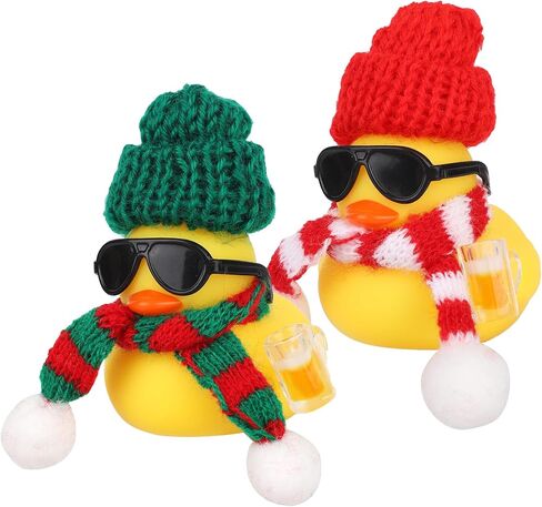 2pcs Christmas Rubber Duck Car Ornaments, Mini Duck Dashboard Decor with Small Hat Scarf Sunglasses & Beer Mug Cute Accessories for Car Home Office Winter Holiday Xmas Decorations in Saudi Arabia