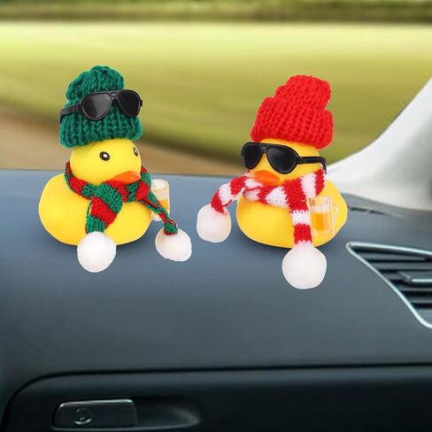 2pcs Christmas Rubber Duck Car Ornaments, Mini Duck Dashboard Decor with Small Hat Scarf Sunglasses & Beer Mug Cute Accessories for Car Home Office Winter Holiday Xmas Decorations in Saudi Arabia