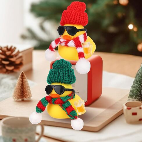 2pcs Christmas Rubber Duck Car Ornaments, Mini Duck Dashboard Decor with Small Hat Scarf Sunglasses & Beer Mug Cute Accessories for Car Home Office Winter Holiday Xmas Decorations in Saudi Arabia