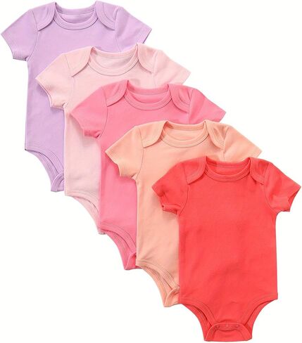 5-Pack Newborn Infant Unisex Short Sleeve Baby Bodysuits,Comfortable 100% Cotton Candy Color Rompers in Kuwait