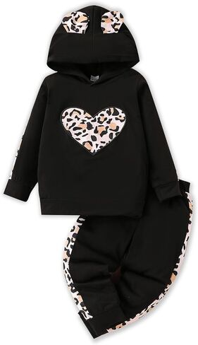 طقم ملابس بناتي مكون من قطعتين بقلنسوة بطبعة قلب ونقشة الفهد، قميص بطبعة قلب + طقم سروال بطبعة جلد الفهد (7-8T) in Kuwait