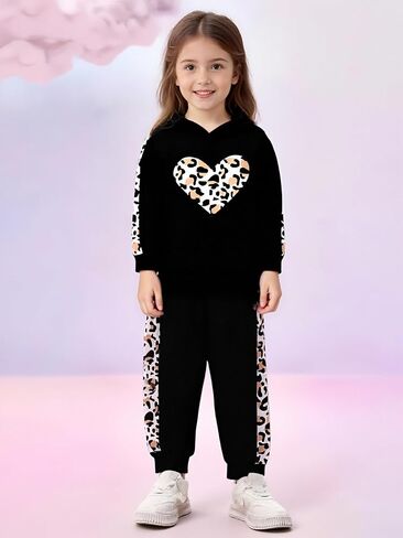 طقم ملابس بناتي مكون من قطعتين بقلنسوة بطبعة قلب ونقشة الفهد، قميص بطبعة قلب + طقم سروال بطبعة جلد الفهد (7-8T) in Kuwait