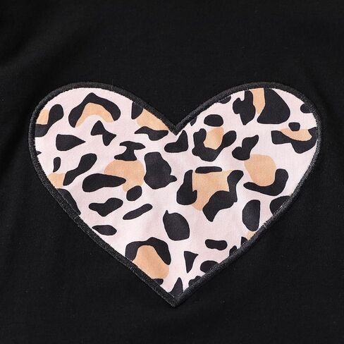 طقم ملابس بناتي مكون من قطعتين بقلنسوة بطبعة قلب ونقشة الفهد، قميص بطبعة قلب + طقم سروال بطبعة جلد الفهد (7-8T) in Kuwait