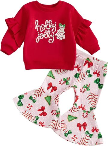 Toddler Girl Christmas Outfit Tree Embroidery Crewneck Sweatshirt Flare Pants Sets Kids Fall Winter Clothes in Saudi Arabia