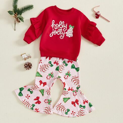 Toddler Girl Christmas Outfit Tree Embroidery Crewneck Sweatshirt Flare Pants Sets Kids Fall Winter Clothes in Saudi Arabia
