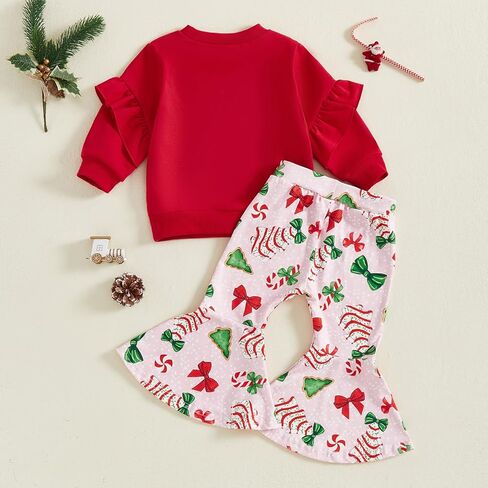 Toddler Girl Christmas Outfit Tree Embroidery Crewneck Sweatshirt Flare Pants Sets Kids Fall Winter Clothes in Saudi Arabia