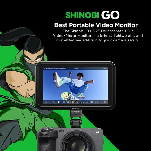 مجموعة شاشة كاميرا Atomos Shinobi GO مقاس 5.2 بوصة تعمل باللمس بتقنية HDR مع منشئ ومجموعة طاقة عالمية (3 عناصر) in Saudi Arabia