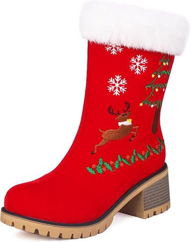 Sweet Furry Christmas Ankle Boots Chunky Heel Snow Booties in Saudi Arabia