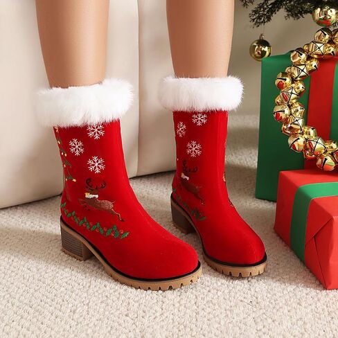 Sweet Furry Christmas Ankle Boots Chunky Heel Snow Booties in Saudi Arabia