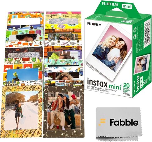 Fujifilm Instax Mini Instant Film Twin Pack 20 Sheets Bundle with 20 Decorative Sticker Frames and Camera Lens Cleaning Cloth – Perfect for Scrapbooks, Parties, and Gifts in Saudi Arabia