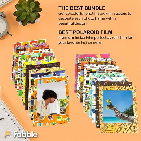 Fujifilm Instax Mini Instant Film Twin Pack 20 Sheets Bundle with 20 Decorative Sticker Frames and Camera Lens Cleaning Cloth – Perfect for Scrapbooks, Parties, and Gifts in Saudi Arabia