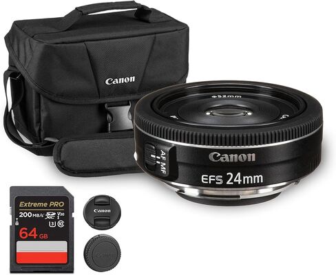 عدسة كانون EF-S 24 ملم f/2.8 STM | برايم صغير الحجم ذو زاوية واسعة مع فتحة f/2.8 ساطعة وتركيز تلقائي سلس | مثالية للسفر والتصوير الفوتوغرافي في الشوارع واليومي (9522B002) + حقيبة كتف + بطاقة سعة 64 جيجابايت in Kuwait
