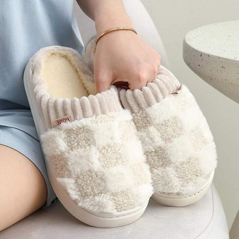 Checkered Slipper House Slippers for Women Men Plush Warm Fuzzy Slippers Flyffy Bedroom Shoes Indoor Slip On in Saudi Arabia
