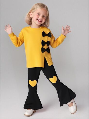 ملابس للفتيات الصغيرات من 3 إلى 9 سنوات، سويت شيرت بربطة عنق وسروال واسع مكون من قطعتين مجموعة ملابس الخريف والشتاء in Kuwait