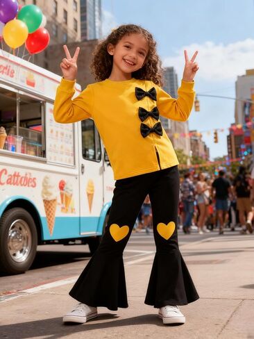 ملابس للفتيات الصغيرات من 3 إلى 9 سنوات، سويت شيرت بربطة عنق وسروال واسع مكون من قطعتين مجموعة ملابس الخريف والشتاء in Kuwait