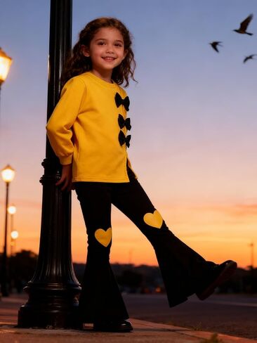 ملابس للفتيات الصغيرات من 3 إلى 9 سنوات، سويت شيرت بربطة عنق وسروال واسع مكون من قطعتين مجموعة ملابس الخريف والشتاء in Kuwait