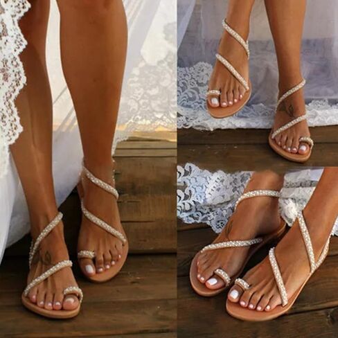 Pearl Flat Bottom Pullover Sandals Casual Hundred Women's Beach Sandals,Brown in Saudi Arabia