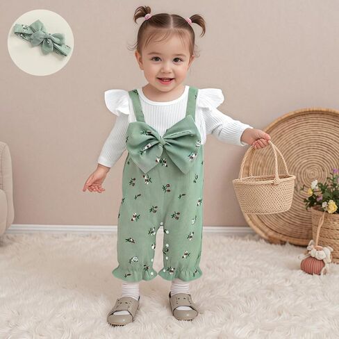 Newborn Baby Girl Clothes Corduroy Floral Bow O Neck Long Sleeve Romper Infant Jumpsuit Cute Outfits Headband in Saudi Arabia