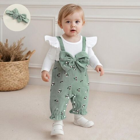 Newborn Baby Girl Clothes Corduroy Floral Bow O Neck Long Sleeve Romper Infant Jumpsuit Cute Outfits Headband in Saudi Arabia
