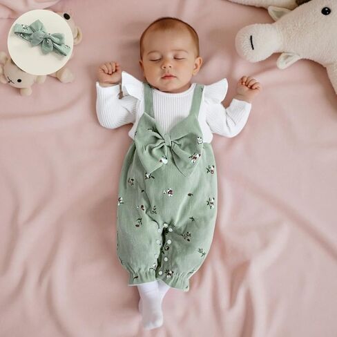 Newborn Baby Girl Clothes Corduroy Floral Bow O Neck Long Sleeve Romper Infant Jumpsuit Cute Outfits Headband in Saudi Arabia
