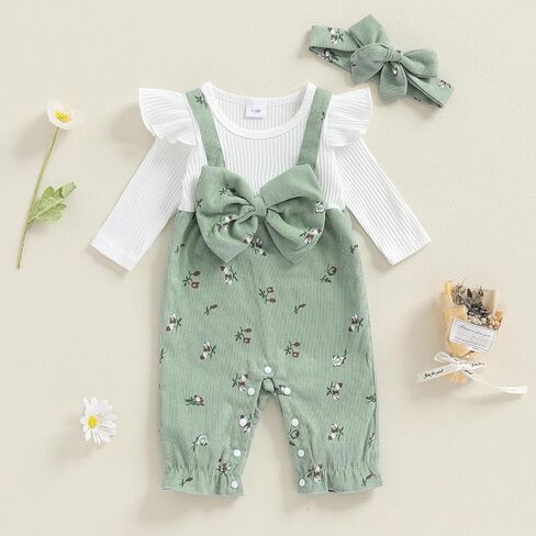 Newborn Baby Girl Clothes Corduroy Floral Bow O Neck Long Sleeve Romper Infant Jumpsuit Cute Outfits Headband in Saudi Arabia