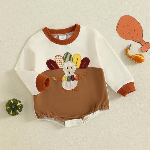 Thanksgiving Baby Boy Girl Outfit Turkey Long Sleeve Onesie Newborn Bubble Romper Fall Winter Infant Cute Clothes in Saudi Arabia