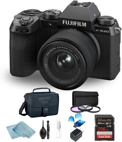 Fujifilm X-S20 Mirrorless Camera with XC 15-45mm Lens + 256GB SanDisk Extreme Pro, Camera Bag, 3-Piece Filter Set, Card Reader & BluebirdSales Cleaning Kit (Black) in Saudi Arabia
