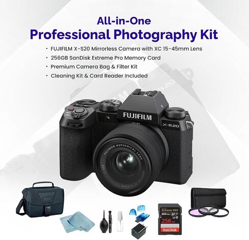 Fujifilm X-S20 Mirrorless Camera with XC 15-45mm Lens + 256GB SanDisk Extreme Pro, Camera Bag, 3-Piece Filter Set, Card Reader & BluebirdSales Cleaning Kit (Black) in Saudi Arabia