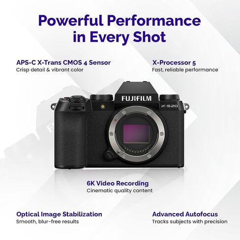 Fujifilm X-S20 Mirrorless Camera with XC 15-45mm Lens + 256GB SanDisk Extreme Pro, Camera Bag, 3-Piece Filter Set, Card Reader & BluebirdSales Cleaning Kit (Black) in Saudi Arabia