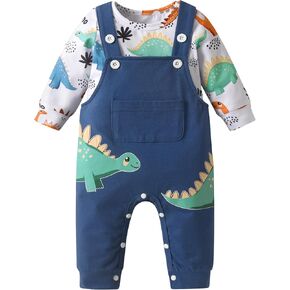 Baby Boys Dinosaur Print Clothes Infant Long Sleeve Romper and Overall Pants Outfit Set in Kuwait