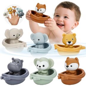 Bath Toys Float Boats for Kids Ages 18M+,Stackable Floaty Boat,Silicone Animal Finger Puppets,Toddler Toys Gifts for 2-4 Year Old in Saudi Arabia