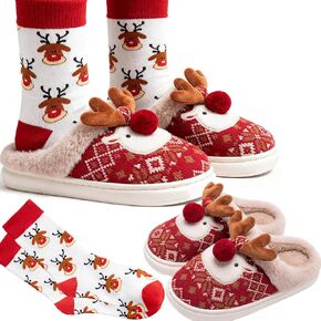 Christmas Slippers with Socks for Women Fluffy Reindeer House Slippers,Soft Rubber Slip on Anti-Skid Sole in Kuwait