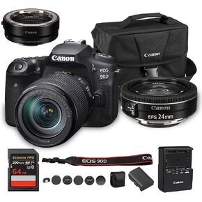 Canon EOS 90D DSLR Camera with 18-135mm Lens | 32.5MP APS-C Sensor, Dual Pixel AF & 4K Video | for Wildlife & Sports Photography (3616C016) + Canon EF-S 24mm f/2.8 STM Lens + Adapter EF-EOS R + More in Kuwait
