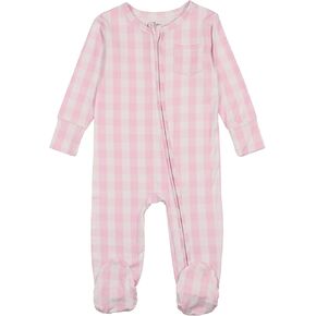 Baby Zip-Up Footed Sleeper, Pink and White Gingham Check Pattern, Long Sleeve, Made of Viscose from Bamboo in Saudi Arabia