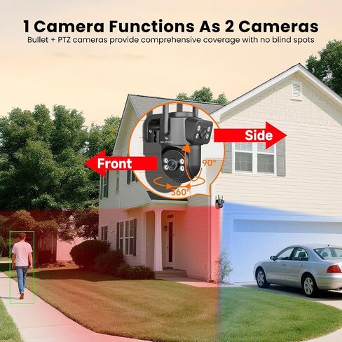 كاميرا مزدوجة العدسات، نظام كاميرا أمان لاسلكي للمنزل بدقة 4 ميجابكسل QHD 360 درجة PTZ، اتصال WiFi 6 5G/ 2.4 جيجا هرتز، طاقة إضافية، سجل مستمر 24/7 (كاميرا إضافية إلى NVR، تعمل أيضًا بشكل مستقل) in Kuwait
