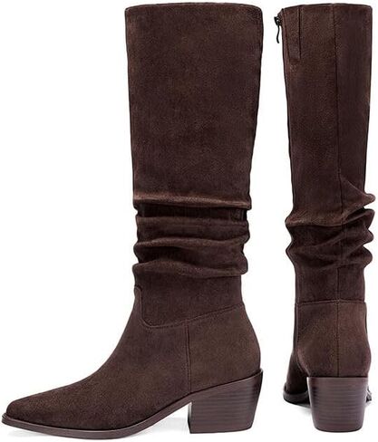Knee High Boots Women Classic Chunky Heel Pointed Toe Tall Boots For Women low Heel Side Zipper folds Boots in Kuwait