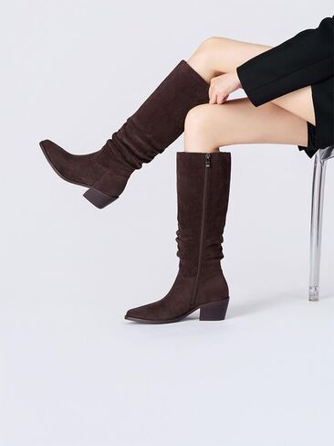 Knee High Boots Women Classic Chunky Heel Pointed Toe Tall Boots For Women low Heel Side Zipper folds Boots in Kuwait
