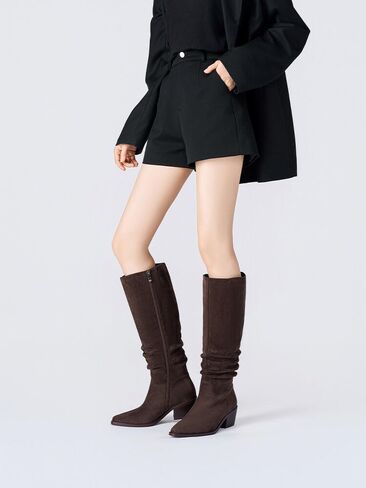 Knee High Boots Women Classic Chunky Heel Pointed Toe Tall Boots For Women low Heel Side Zipper folds Boots in Kuwait