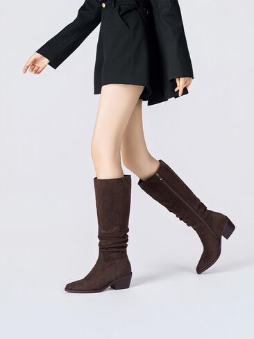 Knee High Boots Women Classic Chunky Heel Pointed Toe Tall Boots For Women low Heel Side Zipper folds Boots in Kuwait
