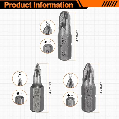 HARFINGTON 3 قطع PZ1/PZ2/PZ3 لقمة مفك براغي 1/4 بوصة ساق سداسية 50 مم/2 بوصة طول لقمة سداسية مشقوقة من فيليبس المغناطيسية S2 لقمة مفك براغي فولاذية من الدرجة الصناعية لقمة ثقب سداسية كهربائية in Kuwait