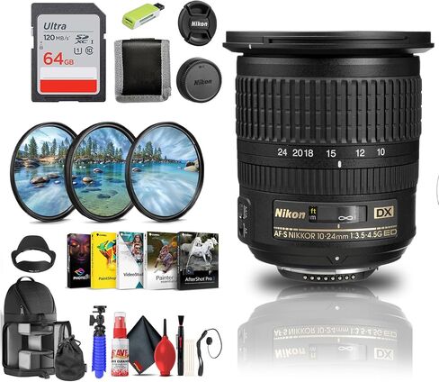 كاميرات Nikon AF-S DX NIKKOR مقاس 10-24 مم f/3.5-4.5G ED Zoom Lens DSLR (2181) + بطاقة ذاكرة سعة 64 جيجابايت + طقم مرشح + قارئ بطاقات + برنامج صور + حامل ثلاثي القوائم مرن + المزيد (متجدد) in Saudi Arabia