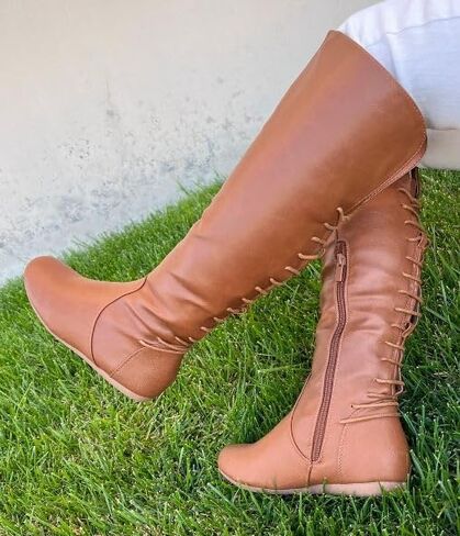 TOP Moda Women Knee High Boots Back Lace Flat Heel Side Zipper Round Toe in Saudi Arabia