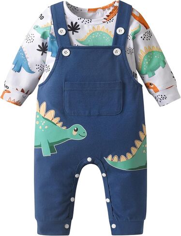 Baby Boys Dinosaur Print Clothes Infant Long Sleeve Romper and Overall Pants Outfit Set in Kuwait