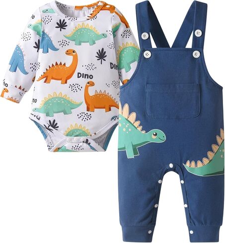 Baby Boys Dinosaur Print Clothes Infant Long Sleeve Romper and Overall Pants Outfit Set in Kuwait