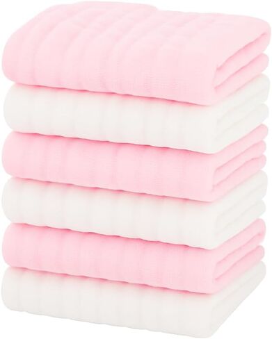 Muslin Baby Washcloths – 6 Pack Organic Cotton Face Towels for Newborns – Pink & White – Soft, Reusable & Ultra Absorbent – Gentle for Sensitive Skin – Baby Girl & Unisex Gift Set – 10x10 in Saudi Arabia