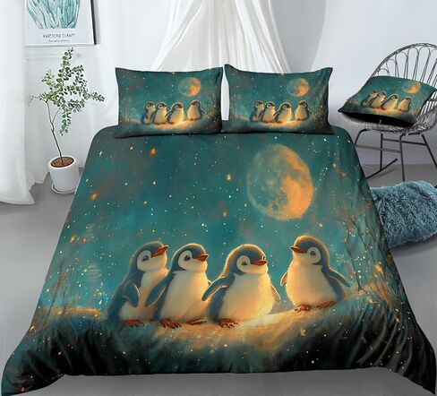 REALIN Arctic Night View Penguin Bedding Cartoon Cute Penguin Duvet Cover Set Girl Boy Kids Bed Sets 3/4PCS Quilt Covers/Sheets/Pillow Shams,Twin/Full/Queen/King (A,Full-200x229cm-3PCS) in Saudi Arabia
