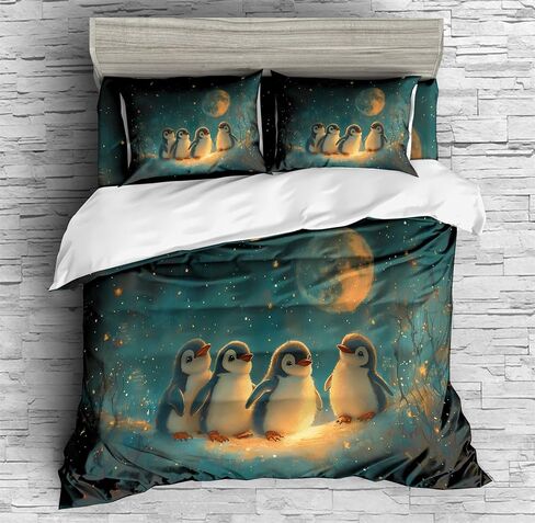 REALIN Arctic Night View Penguin Bedding Cartoon Cute Penguin Duvet Cover Set Girl Boy Kids Bed Sets 3/4PCS Quilt Covers/Sheets/Pillow Shams,Twin/Full/Queen/King (A,Full-200x229cm-3PCS) in Saudi Arabia